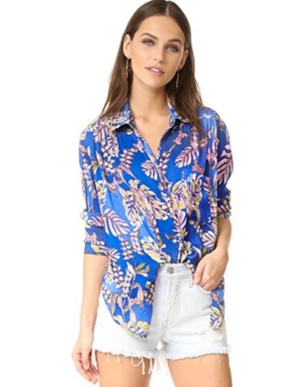 EUC!! Beautiful Free People Under the Palms Blue Floral Button-Down Blouse